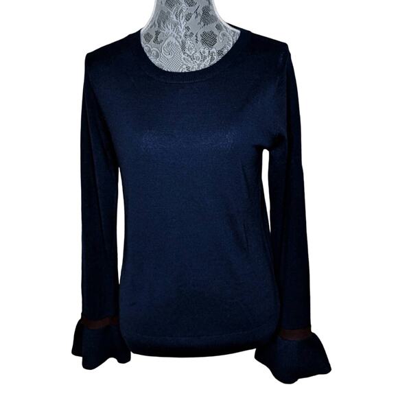 Halogen (Nordstrom) Ruffle Cuff Sweater Long Sleeves Crew Neck Merino Wool M New - Picture 1 of 5